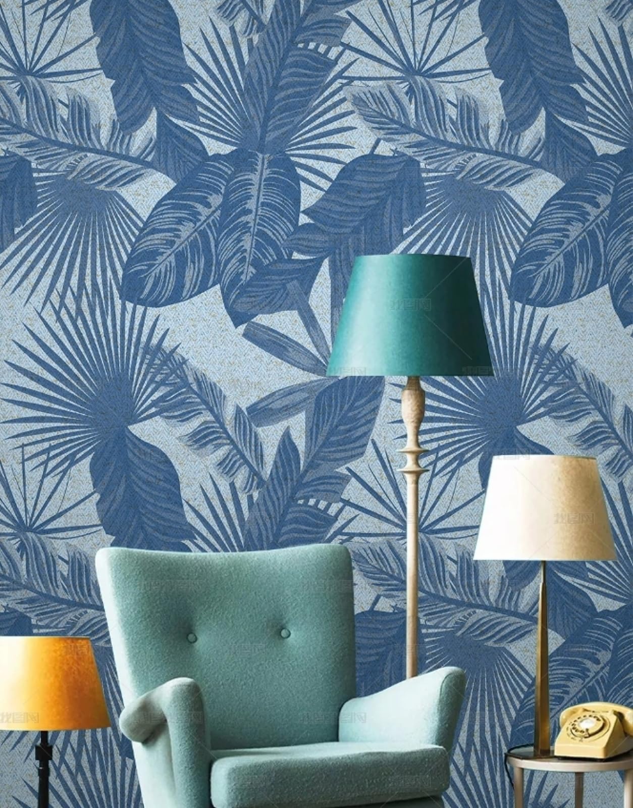 Papier peint autocollant pour salon et chambre motif végétal bleu 6m