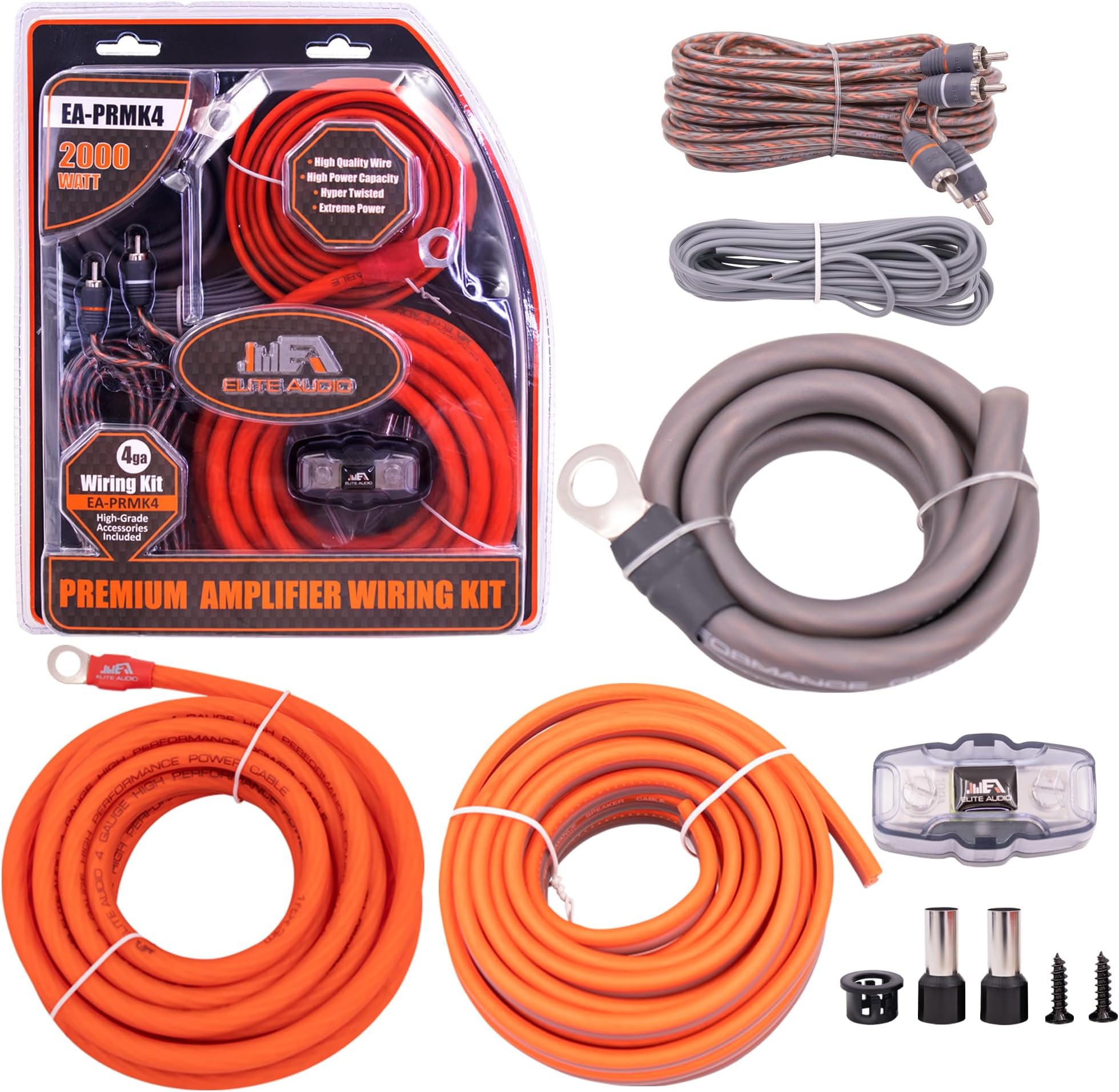 Elite Audio Premium Series Amp Kit Copper Clad Aluminum Wire, Triple-Shielded RCA Cables, High-Power Capacity, ANL Fuse Holder, Car Amplifier Install Kit (4 Gauge (Mini-ANL))