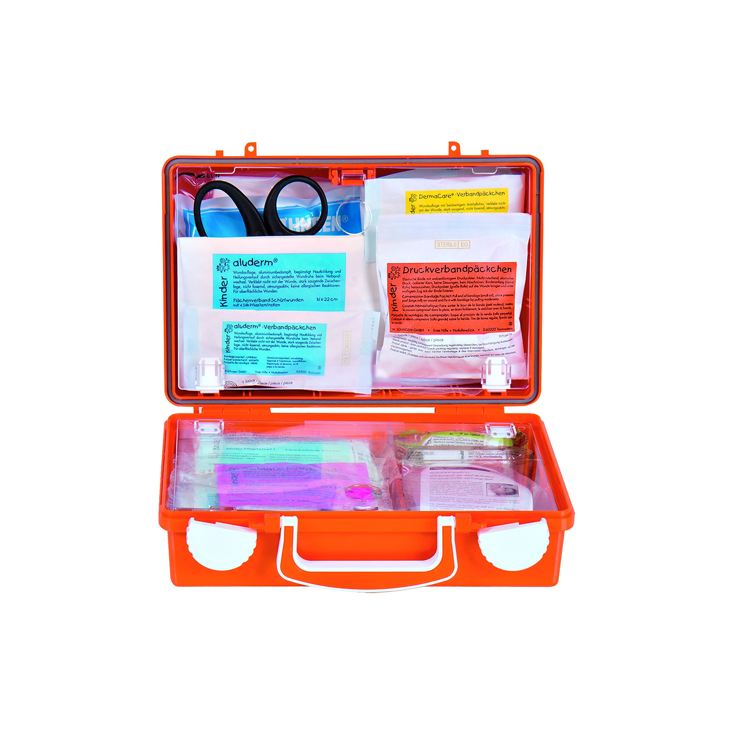 Söhngen Erste-Hilfe Koffer Quick-CD Kombi Kindergarten orange (Notfall-Koffer für Kinder, Spezialfülllung für Kinder bis 6 Jahren, Kinder Verbandskasten, Verbände / Pflaster in Kindergrößen)