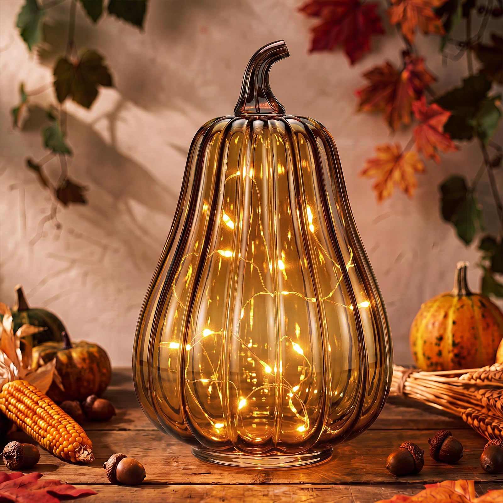 Glooglitter Mercury Glass Pumpkin Light LED Fall Lamp, Gourd, Amber, Middle