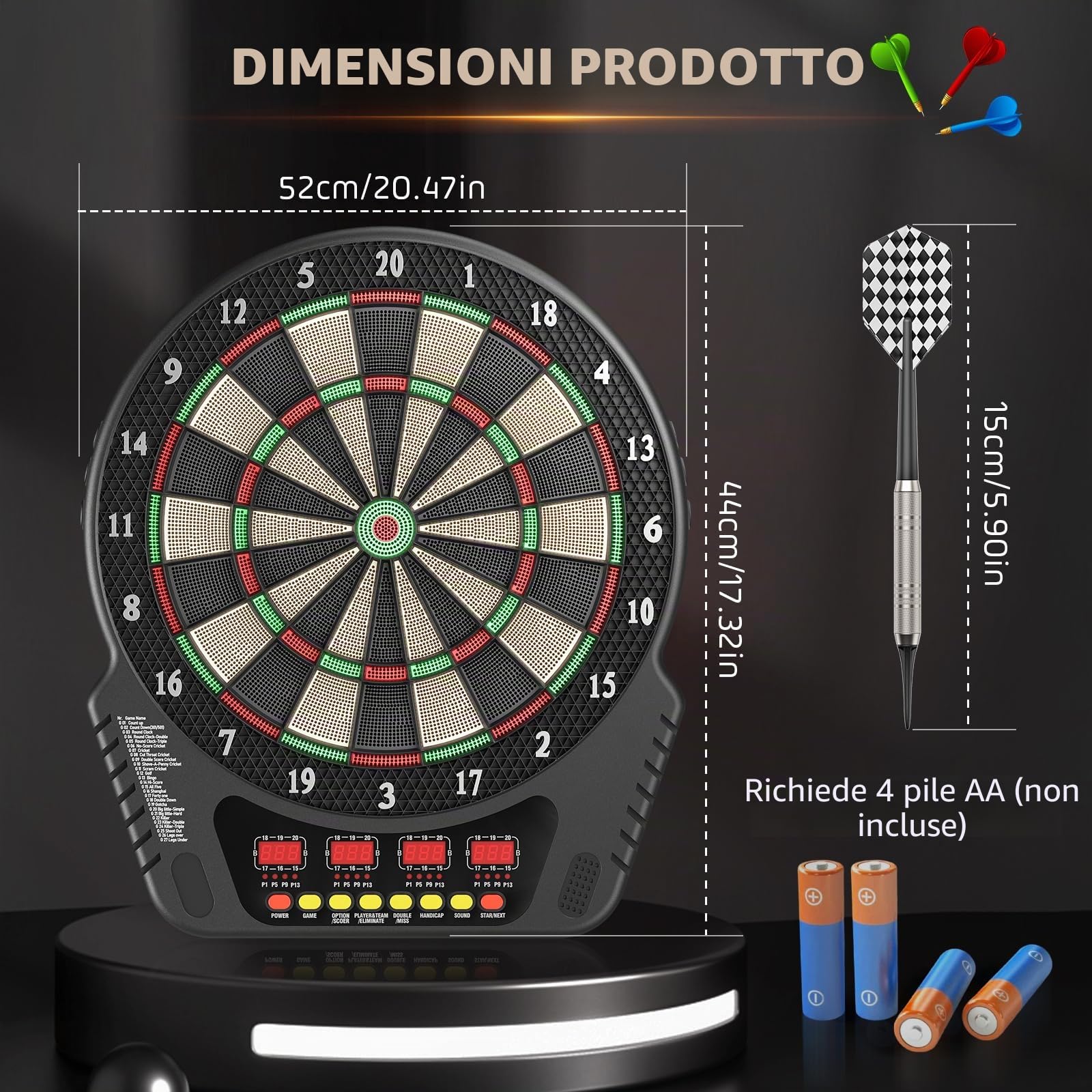 Bersaglio Elettronico Professionale con 6 Freccette con 4 Schermo LCD, Bersaglio Freccette Elettronico offre 27 Giochi e 243 Modi, Rendendolo per Amici, Famiglia, Ufficio e Feste al Pub.