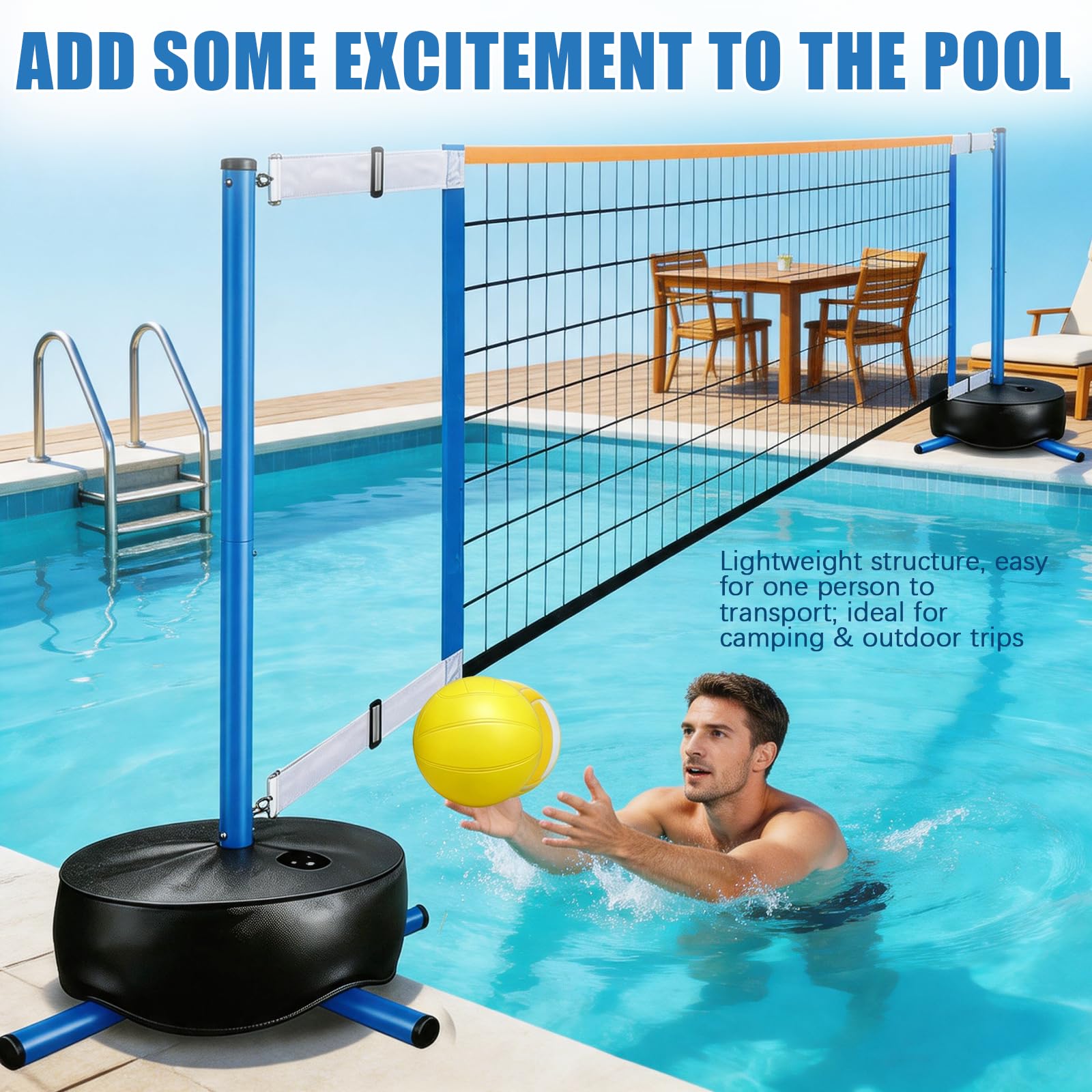 Ensemble De Volleyball Aquatique, Filet Portable pour Adultes avec Sac à Eau De 20l Et Pompe à Air pour des Parties De Piscine Estivales Longueur RéGlable De 4,5 à 7,6 M