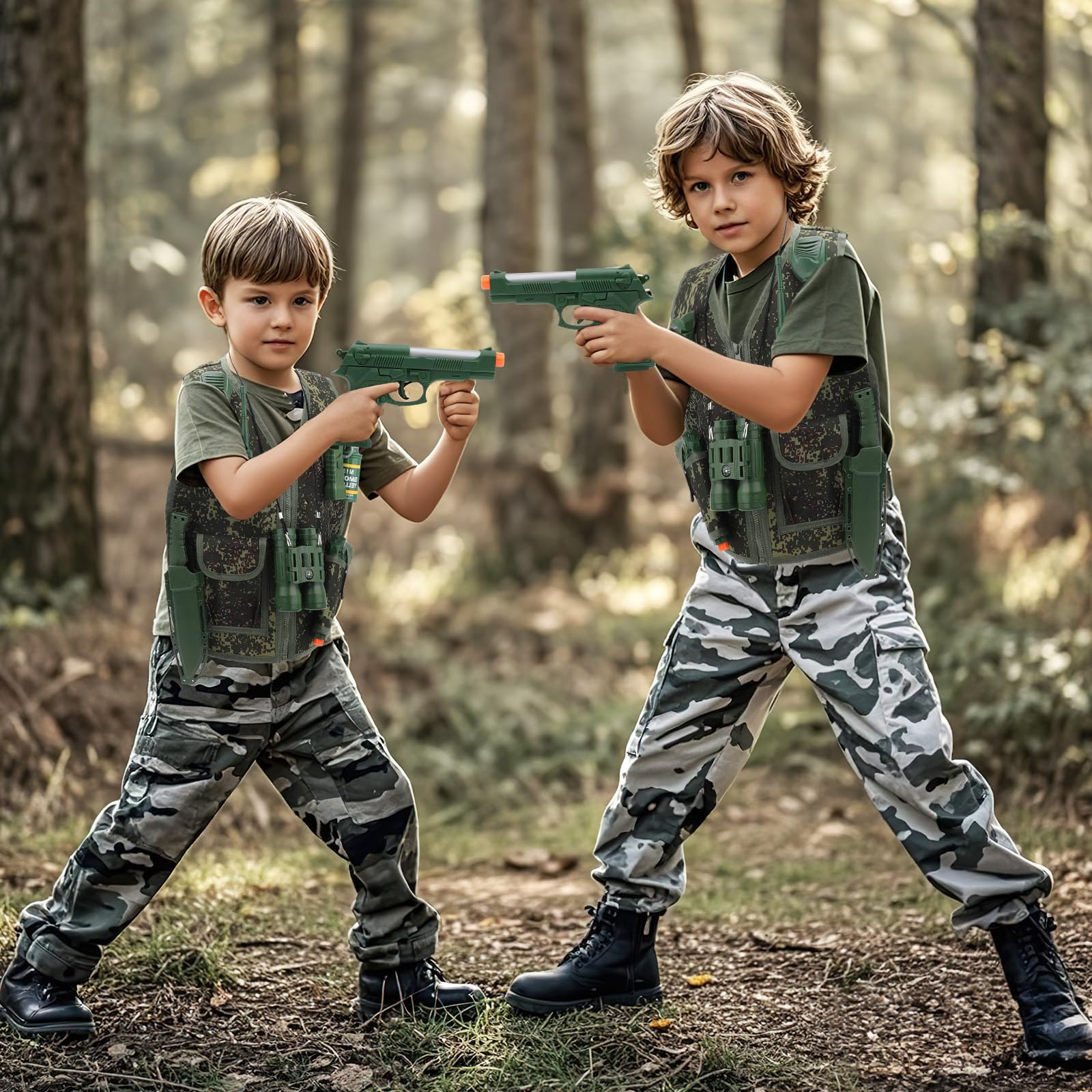deAO Costume da Soldato per Bambini, Set Travestimento Militare Mimetica | Elmetto, Binocolo, Pistola Giocattolo, Granate Giocattolo, Accessori per Soldato Militare - Set per Gioco di Ruolo, 3 Anni+
