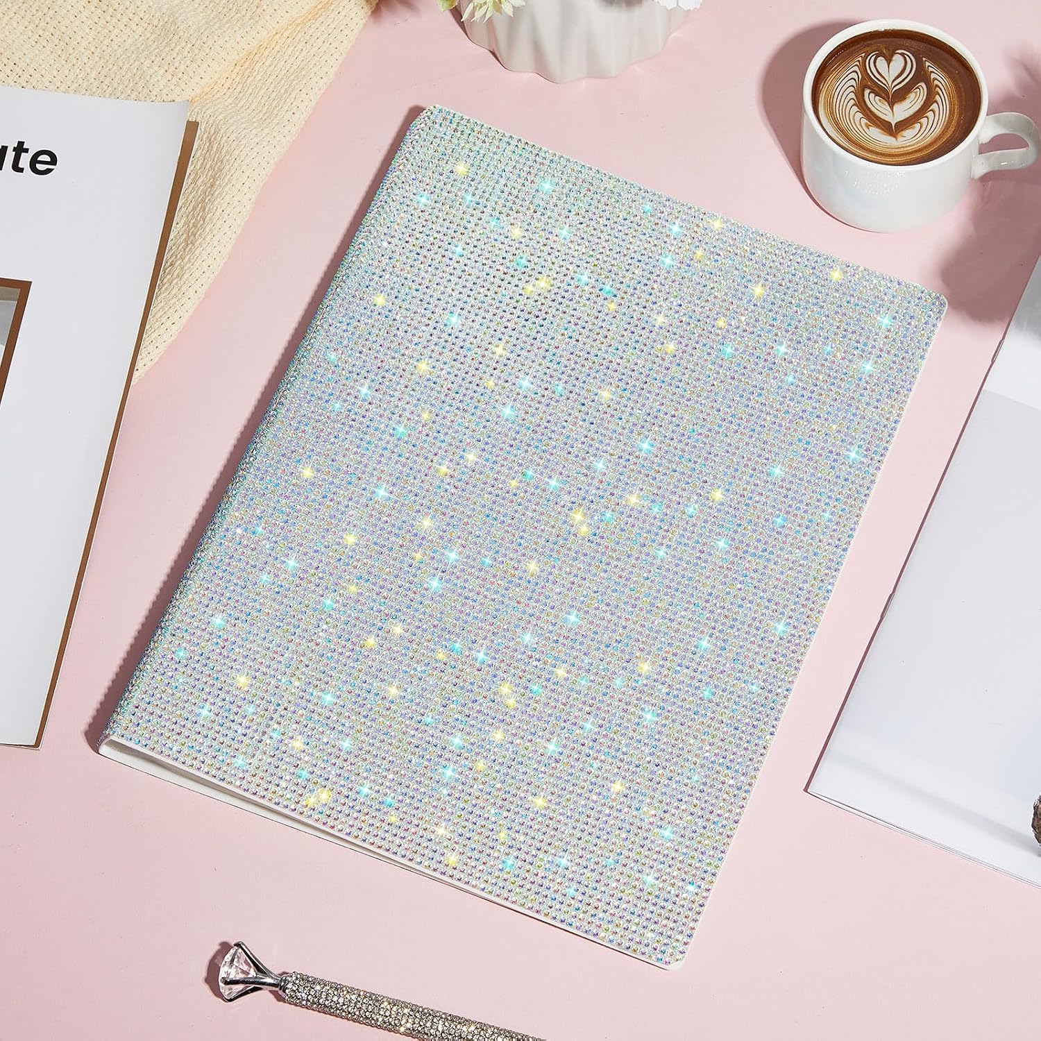 MotiMind Bling Art Portfolios Binder 9"x12" with 40 Pockets, Glitter Artwork Portfolio Folder Display 80 Pages, Sparkly Art Binder with Rhinestone for Women Office Letter Size Paper Organizer(White)