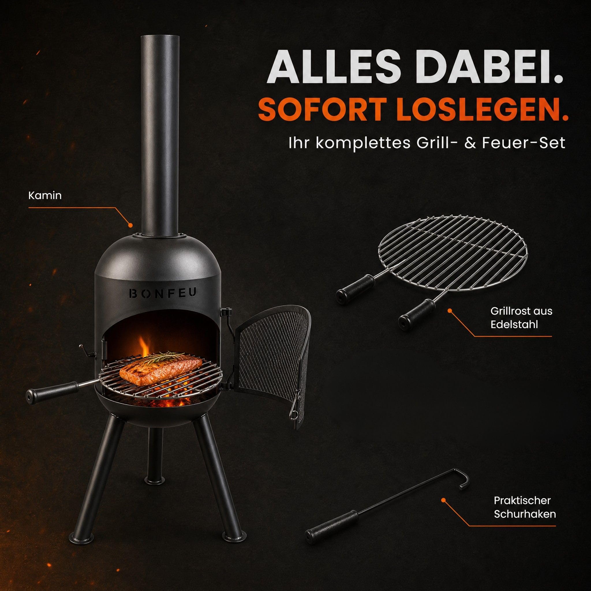 BonFeu BonSolo Terrassenofen Schwarz – Hochwertiger Gartenkamin mit BBQ-Grillfunktion, Ø 34 cm, H 124 cm – Robuster Outdoor-Kamin aus Stahl inkl. Grillrost und Schürhaken für Garten & Terrasse