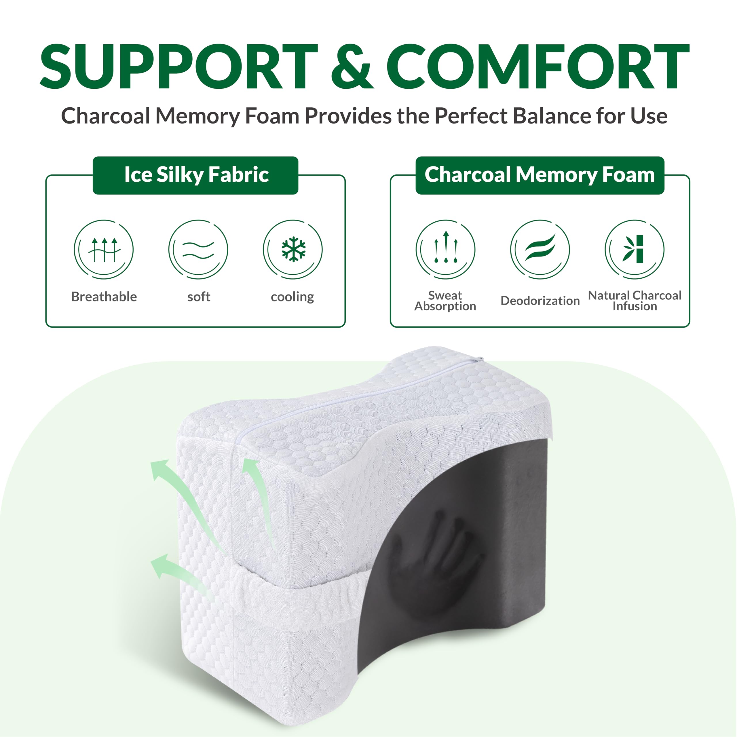 Kniekissen für Seitenschläfer mit Gurten, Holzkohle Memory Foam Bein & Knie Kissen für Hüftschmerzen, Rückenschmerzen, Ischias Schmerzlinderung, Schwangerschaft, Kniestützkissen zum