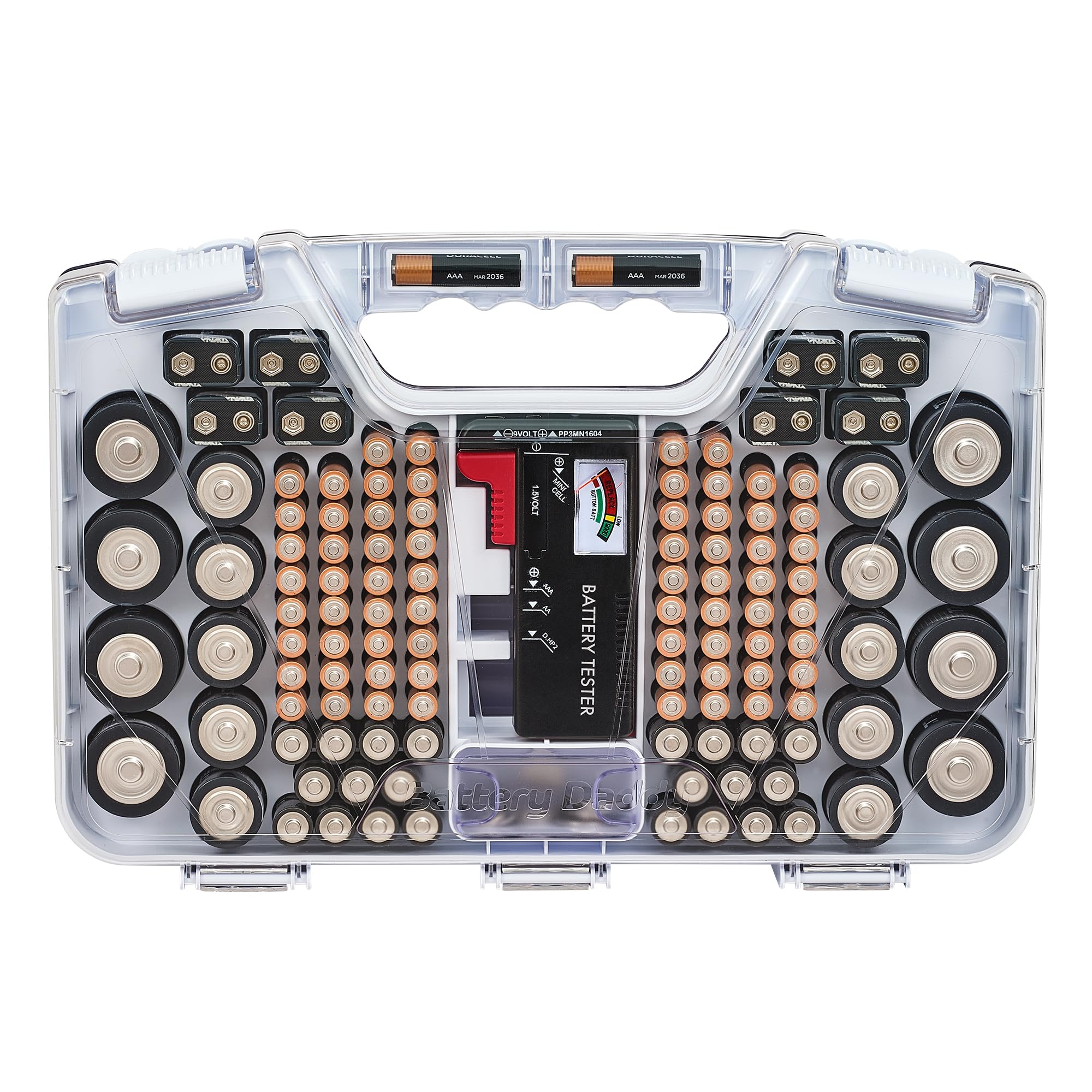 Ontel Battery Daddy – Custodia organizer per batterie con tester, conserva e protegge fino a 180 batterie, coperchio trasparente di bloccaggio, come visto in TV