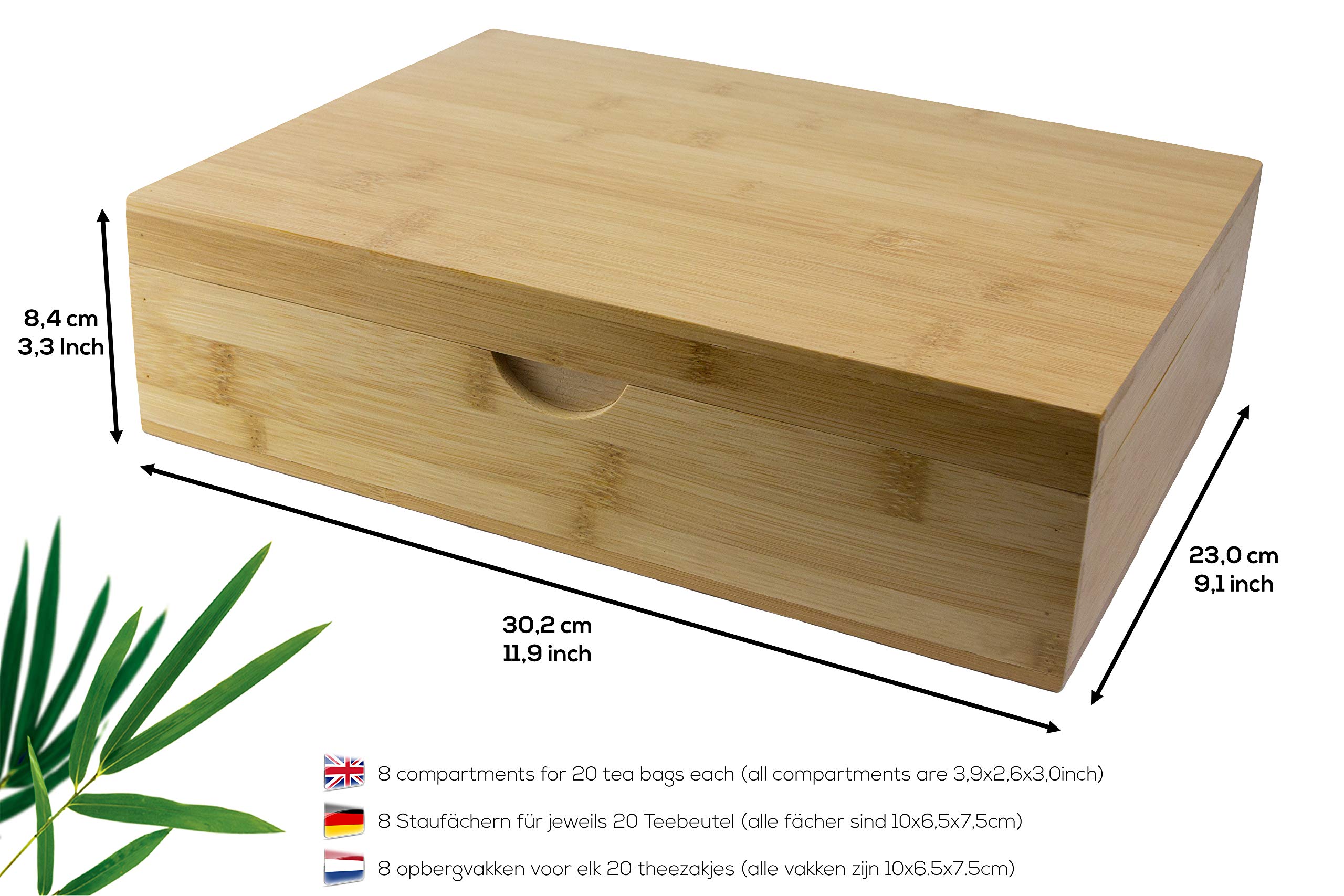Scatola Porta Tè In Bambù Con Finestra In Vetro - 8 Scomparti Per Bustine, Cialde Caffè E Spezie - Organizer Da Cucina E Confezione Regalo - 30x19x9 Cm - 3