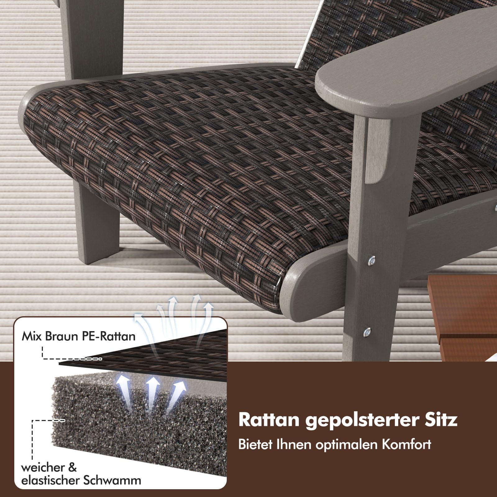 GYMAX Adirondack Stuhl wetterfest, Gartenstuhl mit mit Getränkehalter, Loungesessel mit geneigter Rückenlehne, Gartensessel aus Kunststoff & PE Rattan, für Terrasse & Balkon (Grau)