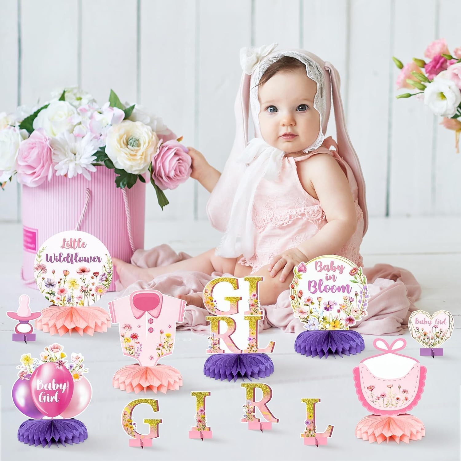 ANGOLIO Baby Girl Honeycomb Centerpieces for Birthday Party - Spring Easter Gift 12 Pink Floral Baby in Bloom Table Decorations for Baby Shower Cute Wildflower Table Display Gender Reveal Supplies