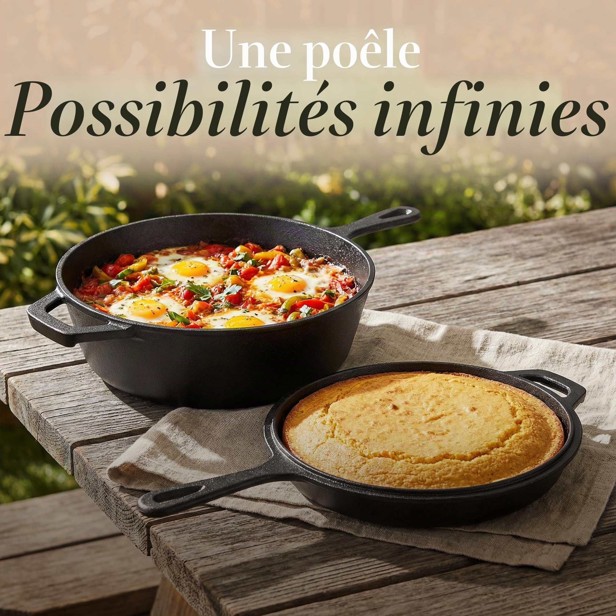 nuovva Faitout pré assaisonné – Poêle à frire en fonte – Couvercle de poêle 2 en 1 – Cocotte de 3,2 L, poêle de 26 cm