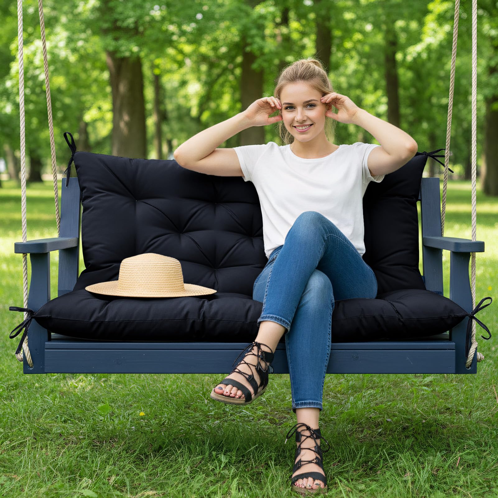 Waterproof Swing Seat Cushions: 2/3/4 Seater Thick Patio Bench with Anti Slip Stripor Garden Furniture Pad for Stylish Garden Decoration (Dark Grey, 150x100cm) — view 14