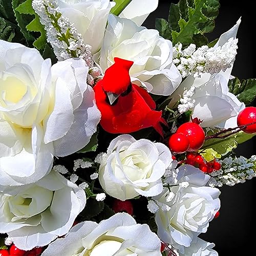 Miniatura 6 de Realistic Artificial Cemetery Flowers - Silk Faux Floral Cream Rose and Calla Lily with Red Bird and Berries - Bouquet for Grave - Headstone
