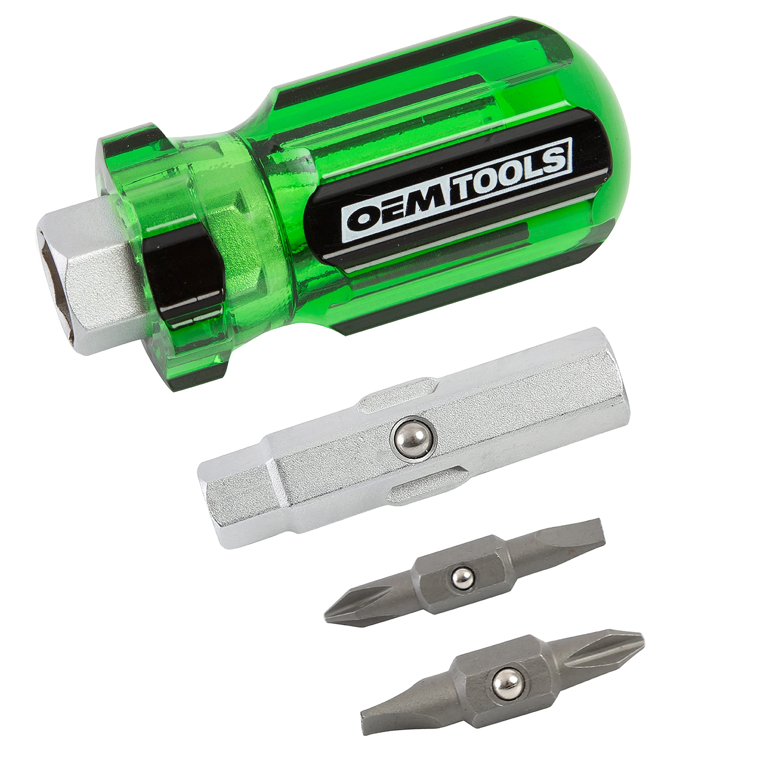 OEMTOOLS 22592 Stubby 6 In 1 Screwdriver with Acetate Handle, Changeable Screwdriver, Non-Insulated Stubby Screwdriver Set with Magnetized Driver Bits