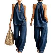 Women's Summer Denim Set for Women 2 Piece, Halter Neck Top and High Waisted Wide Leg Jeans Casual Outfits