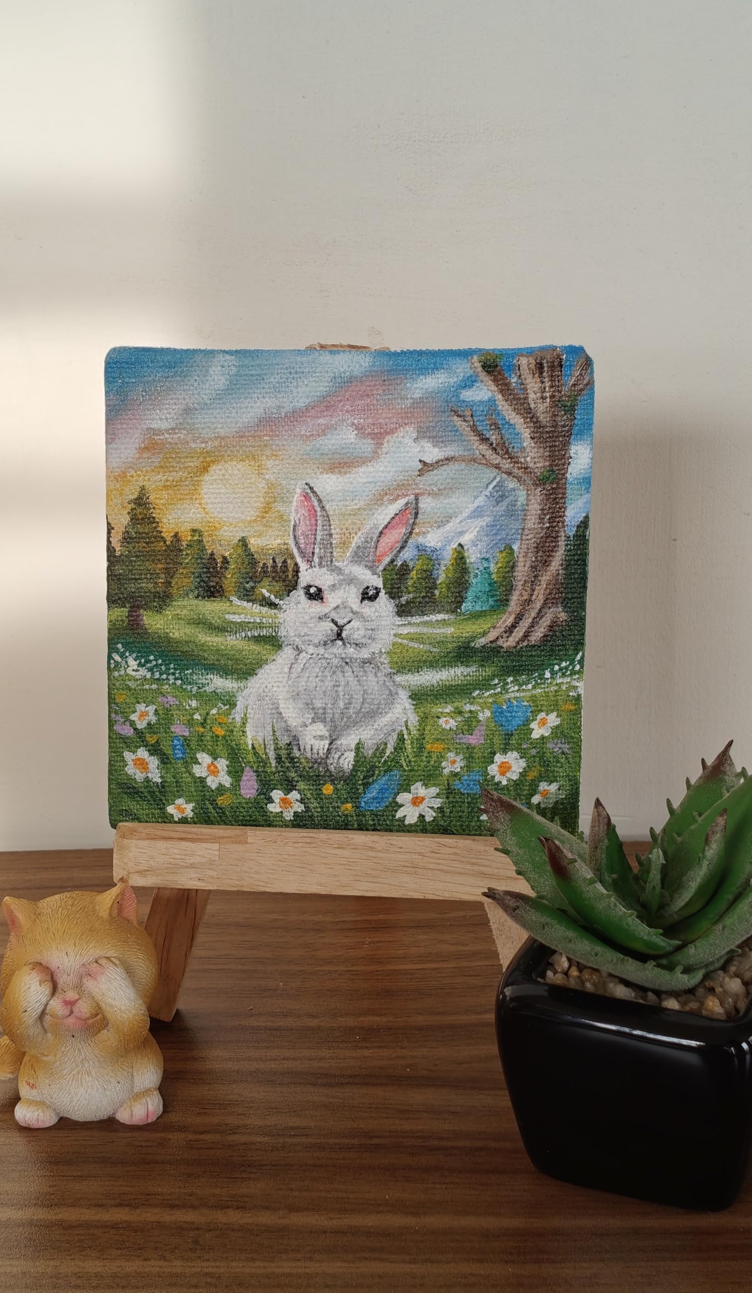 Spring Garden Mini Canvas Art, 10.16x10.16 cm Acrylic Bunny Painting with 15.24 cm Wooden Display Easel, Nature Theme Wall Decor