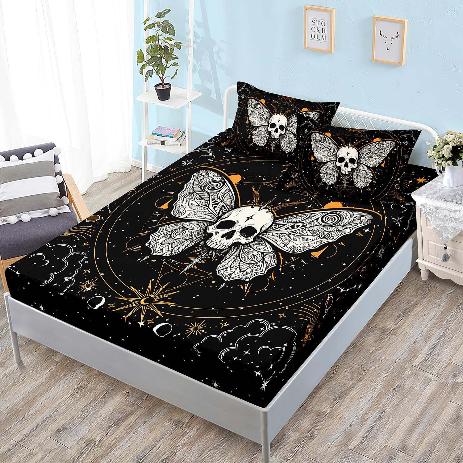 Parure de lit papillon drap-housse Queen gothique avec 2 taies d'oreiller