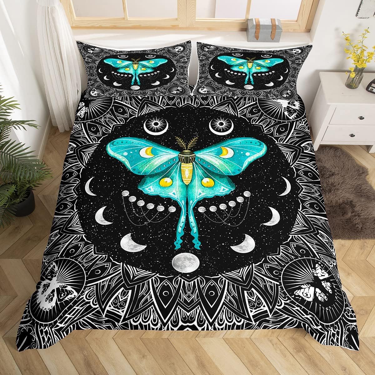 Boho Moth Duvet Cover,Kids Sun and Moon Bedding Set,Black White Butterfly Comforter Cover for Boys Girls Room Decor,Galaxy Lightweight Bedspread Cover Twin Size with 1 Pillow Case