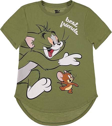 Camiseta de batalla de Tom & Jerry para mujer, diseño vintage de dibujos animados de Hanna Barbera, diseño de gato y ratón con dobladillo curvado