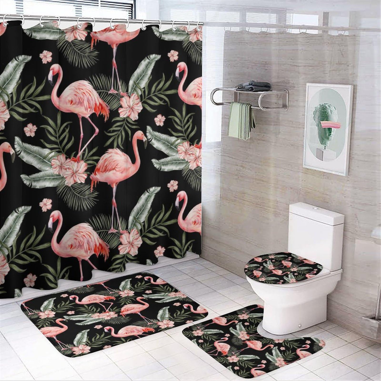 COALHO Abstract Pink Wildlife Flamingo 4 Pcs Bathroom Decorative Set Vintage Watercolor Flamingo Tropical Leaves Shower Mat Shower Curtain With Rug 12 Hooks,183x183CM