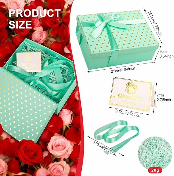 Luxury Green Gift Box with Lid 25x18x9cm Medium/Large Empty Gift Boxes for Presents, Gift Box for Birthday Anniversary Wedding Christmas Valentines Present Box with Ribbon Girls Her Women
