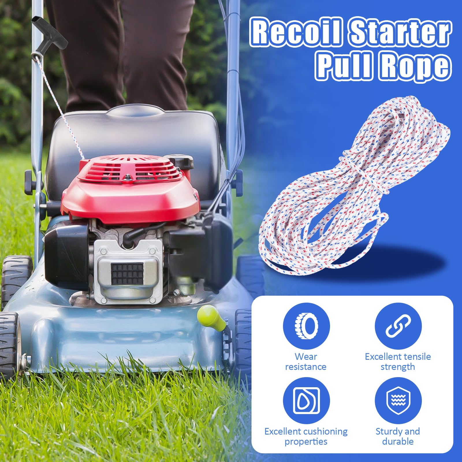 Cuerda de arranque de retroceso de 4 mm, 50 pies con 2 asas universales de repuesto para motosierras, cortacésped, cortadoras de cuerda, compatible con Husqvarna, STIHL