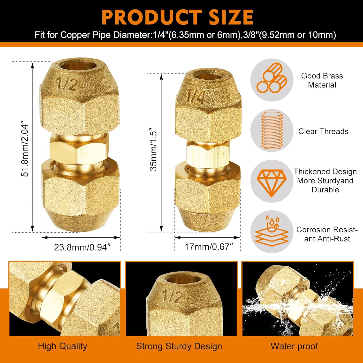 Relaxweex 4 Pcs 1/4" 1/2" Copper Pipe Extension Joint Connectors Pipe Coupling Adapters with Flare Nuts Flare Fittings for HVAC Air Conditioning Refrigeration Copper Tube