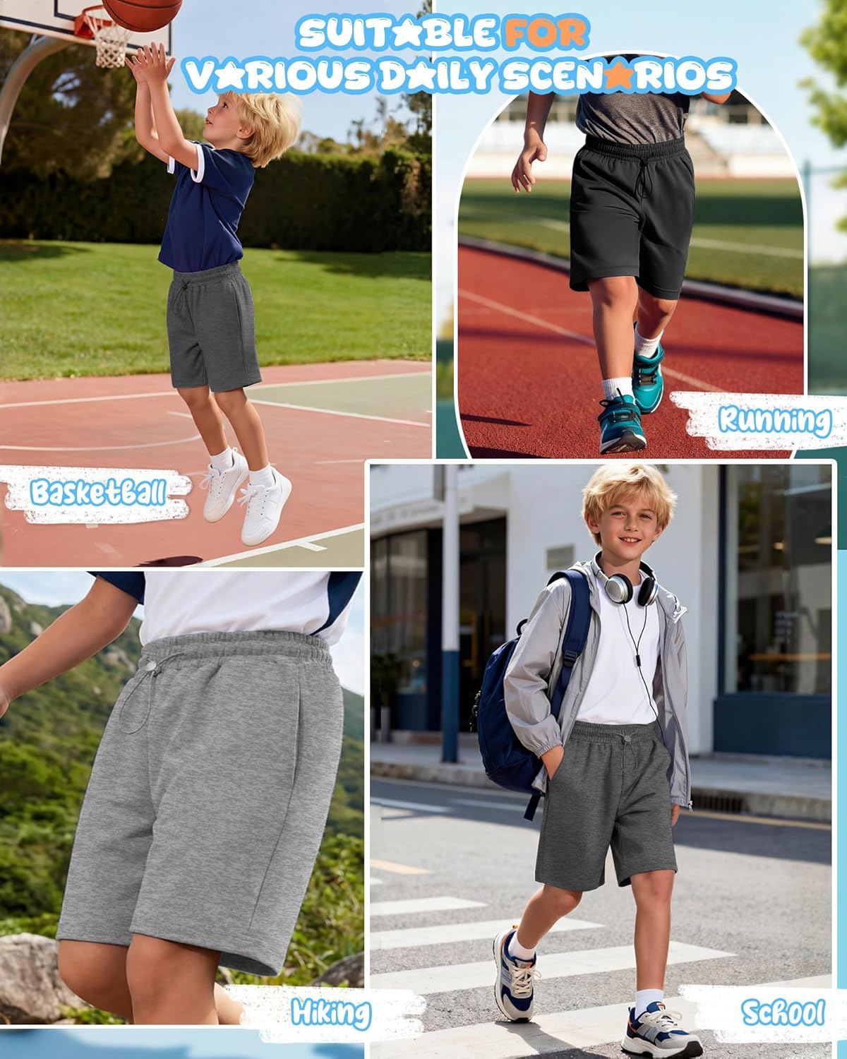 3 Pack Boy's Shorts Kids Athletic Knee Length Short Summer Baggy Sports Loose Casual Pull on SweatShorts 5-14 Years