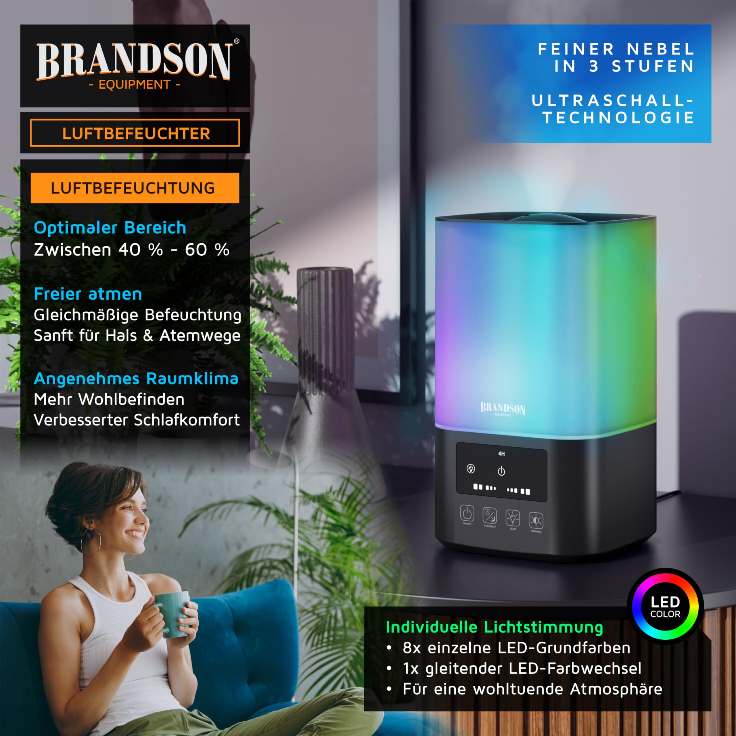Brandson - Luftbefeuchter 2,5 Liter - sehr leise 30dB - Fernbedienung - Display digital – 3 Nebelstufen - 7 Helligkeitsstufen - RGB - Schlafmodus - Schlafzimmer Kinderzimmer Wohnzimmer