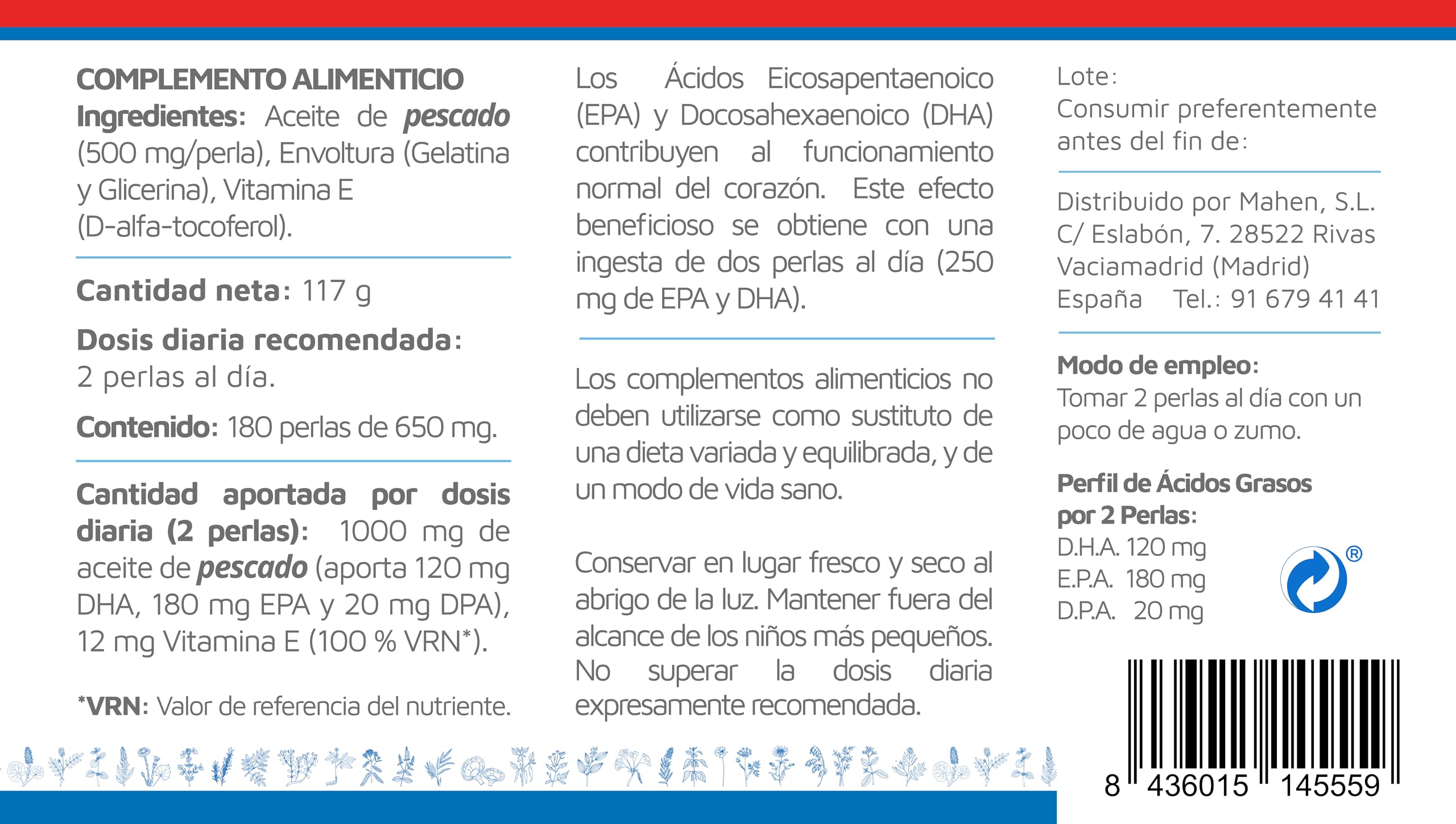 Laboratorios Mahen - Más Omega | 180 perlas DHA | EPA y DHA, Vitamina E, aceite de pescado, formato perlas, 90 tomas