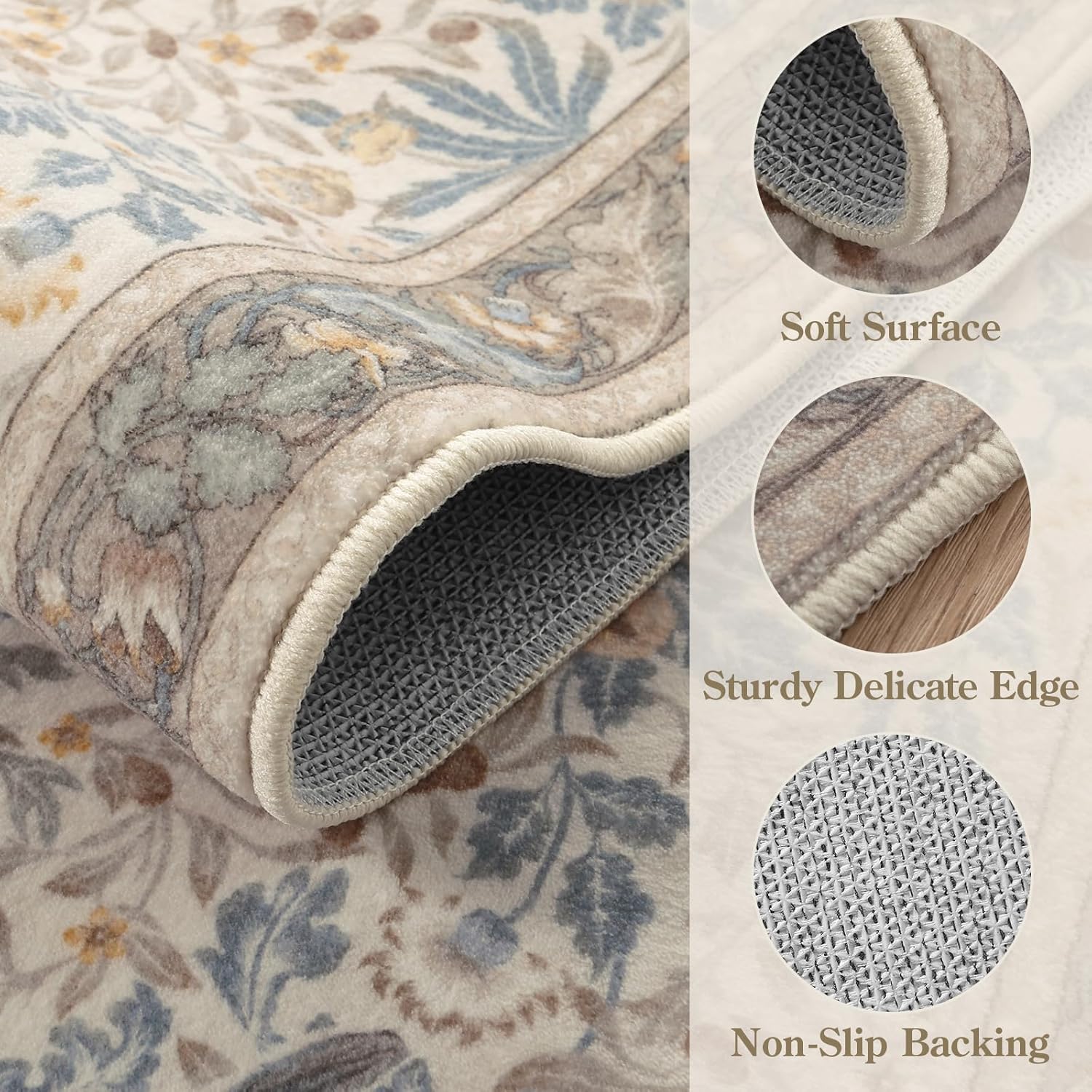 Beeiva Washable Runner Rug for Hallway 2x6 - Vintage Beige Stain Resistant Floral Kitchen Runner, Boho Bird Patterned Non Slip Rugs for Hallway Bathroom Laundry Room Bedroom Entryway