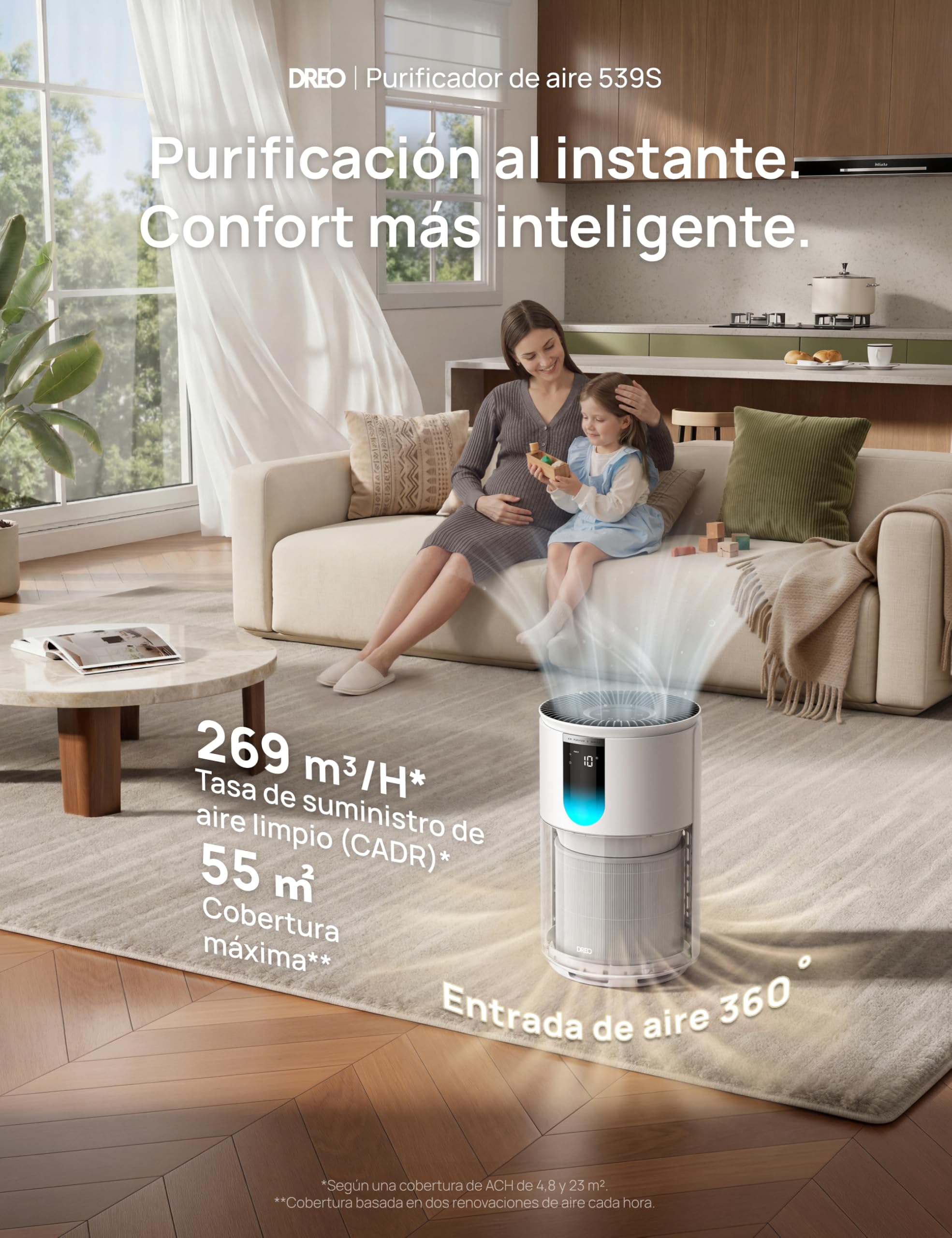 DREO Purificador de Aire hasta 109 m² para Dormitorio, Filtro HEPA 3 en 1, Sensor PM2.5, Monitor de Calidad del Aire, 18 dB, WiFi, Compatible con Alexa, Certificado AHAM