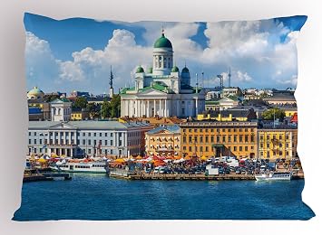 Lunarable European Pillow Sham, Scenic Summer of The Market Square Old Town Helsinki Finnish Northern Skyline, Decorative Standard King Size Printed Pillowcase, 36" X 20", Multicolor