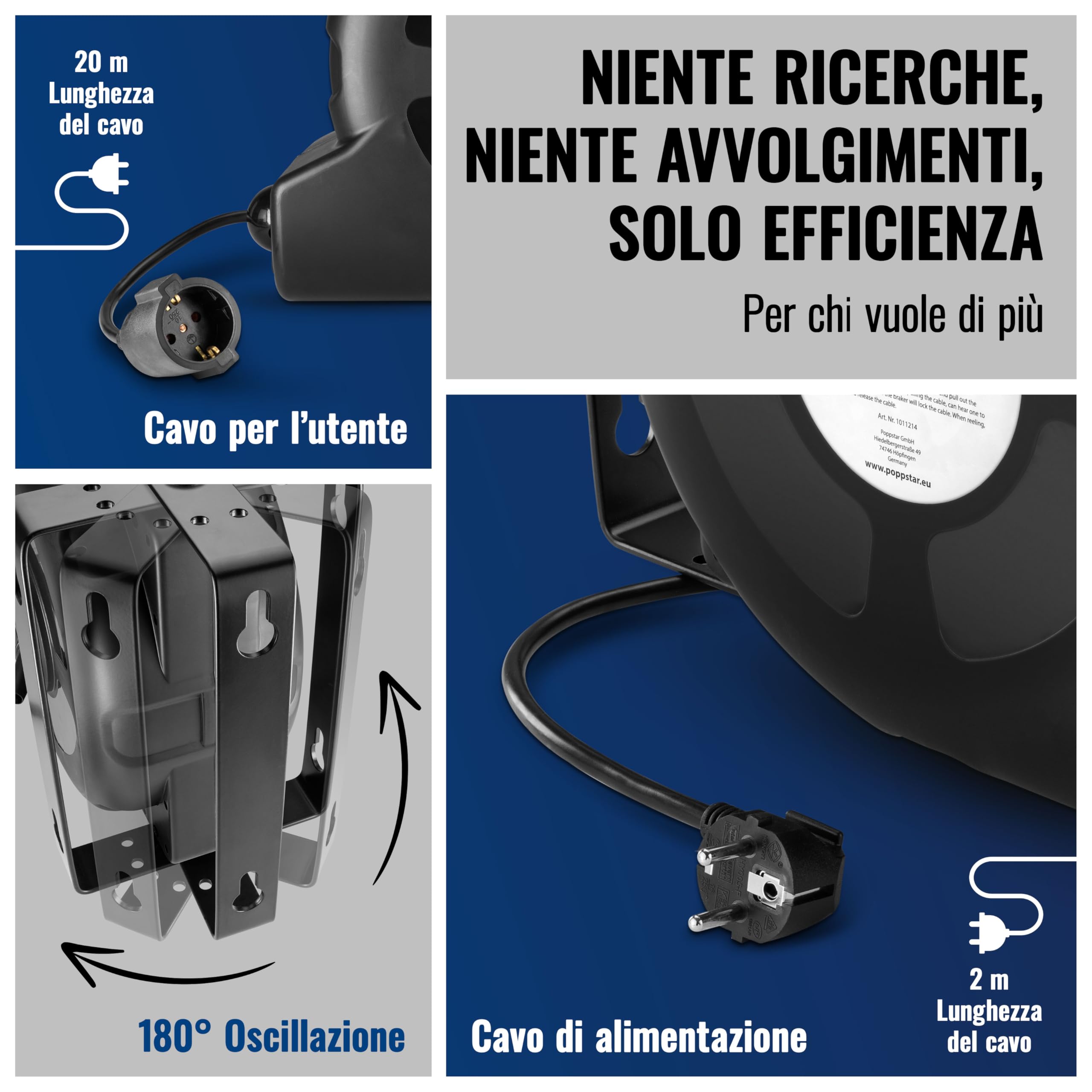 Poppstar Avvolgicavo automatico 20m + 2m (max. 3000W) Avvolgitore di cavi automatico autoavvolgente IP20 con interruttore di protezione termica