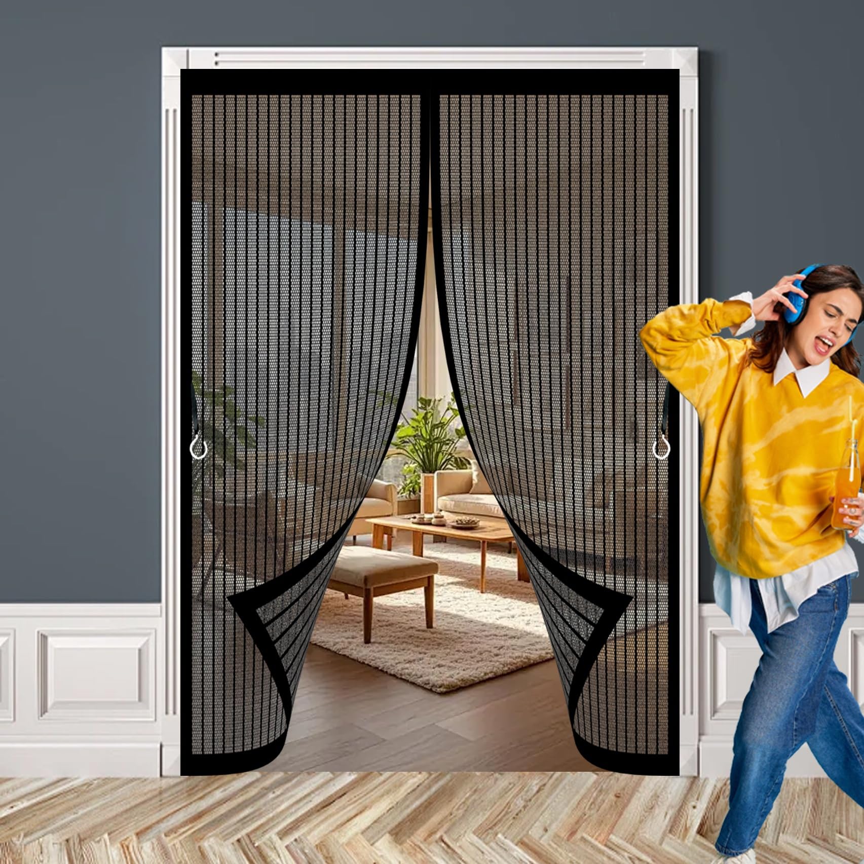 Xueqxue Black Magnetic Fly Screen Door 145 X 216 Cm With Powerful Magnets & Full Frame Magic Tape, Keep Bugs Out & Lets Fresh Air In Screen Door Fly For Patio Doors Bedroom,