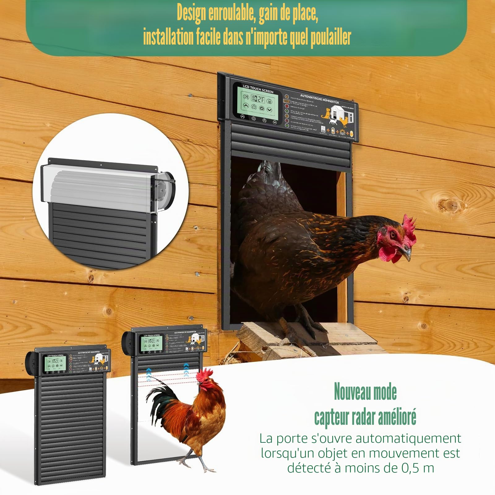 Clapet automatique à énergie solaire et USB, en aluminium, avec capteur radar, minuterie, capteur de lumière, grand écran, télécommande, étanche, noir