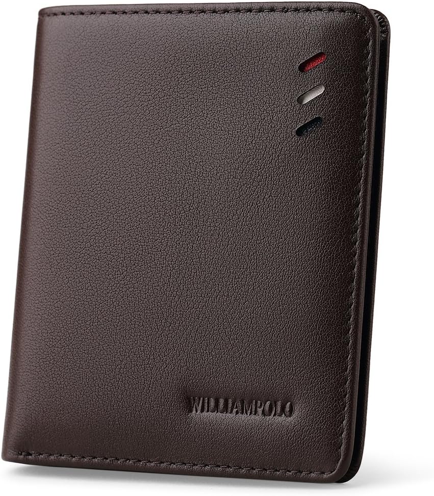 WILLIAMPOLO Men's Wallets Genuine Leather Thin Wallet Men Short Credit Card Holder Small Front Pocket Money Clips Bifold Slim Purse with ID Window (Brown)