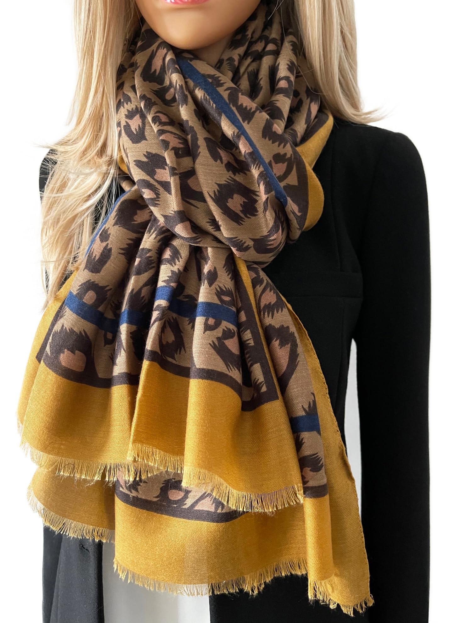 The Accessory Co. Women's Mustard Yellow Animal Leopard Print Scarf - Scarves With Stripe, Leopard Print Gifts, Pashmina Shawl, Long Winter Wrap Wearable Blanket, Neck Scarf Shawl Scarfs Animal Prints (Mustard Yellow)