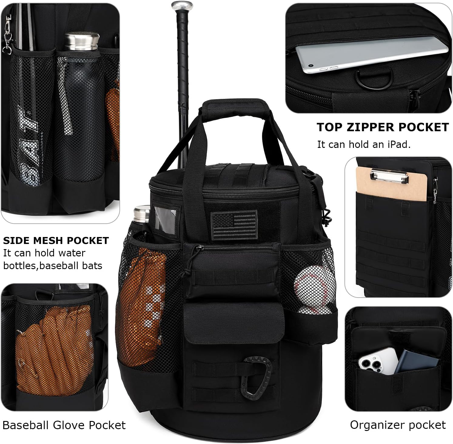 Baseball Bucket Bag Baseball Coaching Accessories Organizer Tactical Style Softball Bucket Bag with Anti-Slip Bottom, Multiple Pockets for Bat, Gloves, Scoreboards