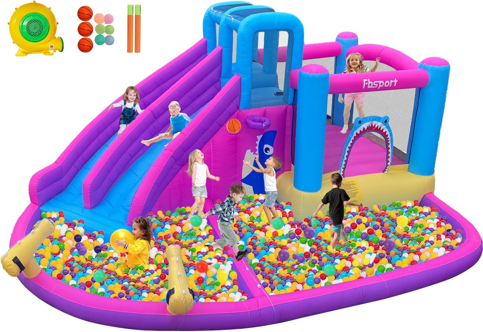 FBSPORT Inflatable Bounce House, Water Slide Park with Climbing Wall, Jumping and Splash Pool, Kids Bouncy Castle