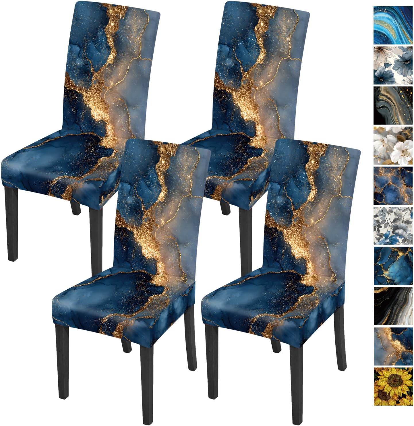 Golden Blue Luxury Marble Chair Covers Set of 4, Stretchable Kitchen Dining Room Chair Covers Removable Washable Dining Chair Slipcovers Chair Protectors for Dining Room Kitchen