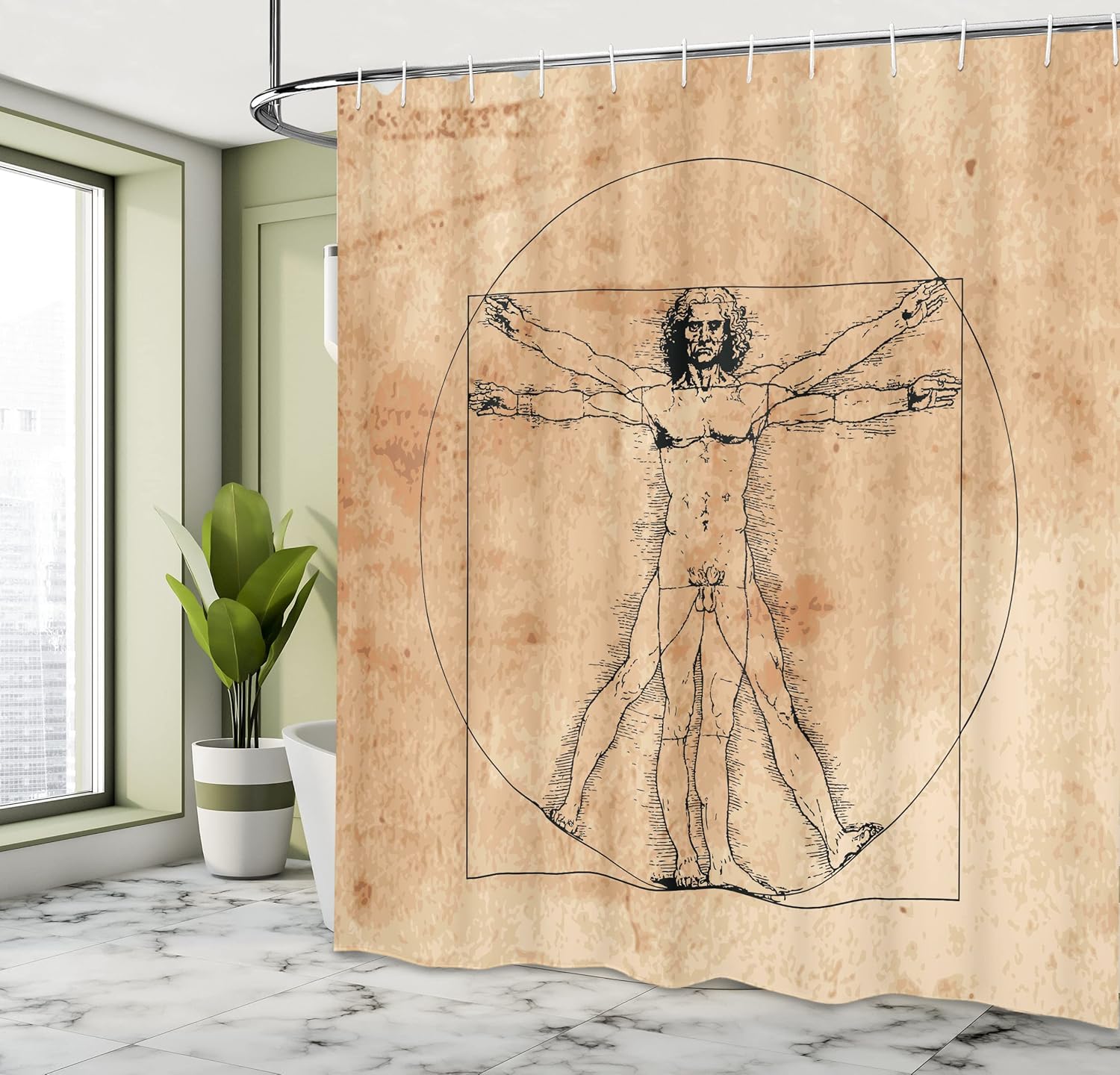 Ambesonne Human Anatomy Shower Curtain, Medieval Vitruvian Man Crosshatching Famous Italian Painting Renaissance Body Art, Cloth Fabric Bathroom Decor Set with Hooks, 69" W x 70" L, Sepia Brown Black