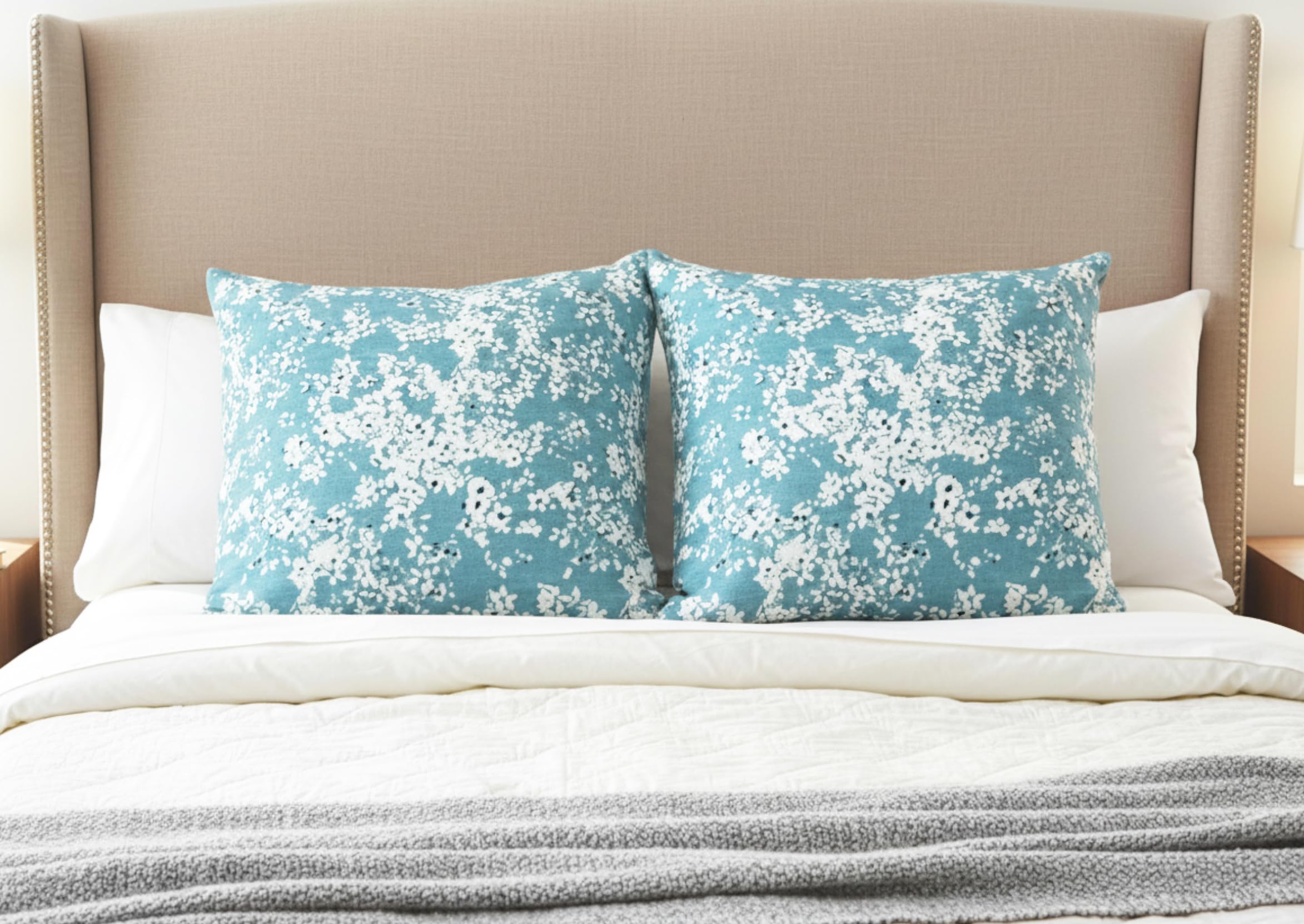 Aiking Printed Floral Euro Shams 26x26 inch Set of 2 Blooms Aqua Decorative Farmhouse Accent Textured Pillow Covers, Reverse to Solid Color for