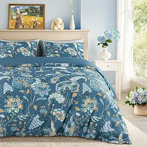 Shilucheng 100% Cotton Floral Duvet Cover King Size - 600 Thread Count, Breathable & Cooling Comforter Cover with Zipper Closure,Hotel Bedding Duvet Covers 3 Piece (Navy Blue)