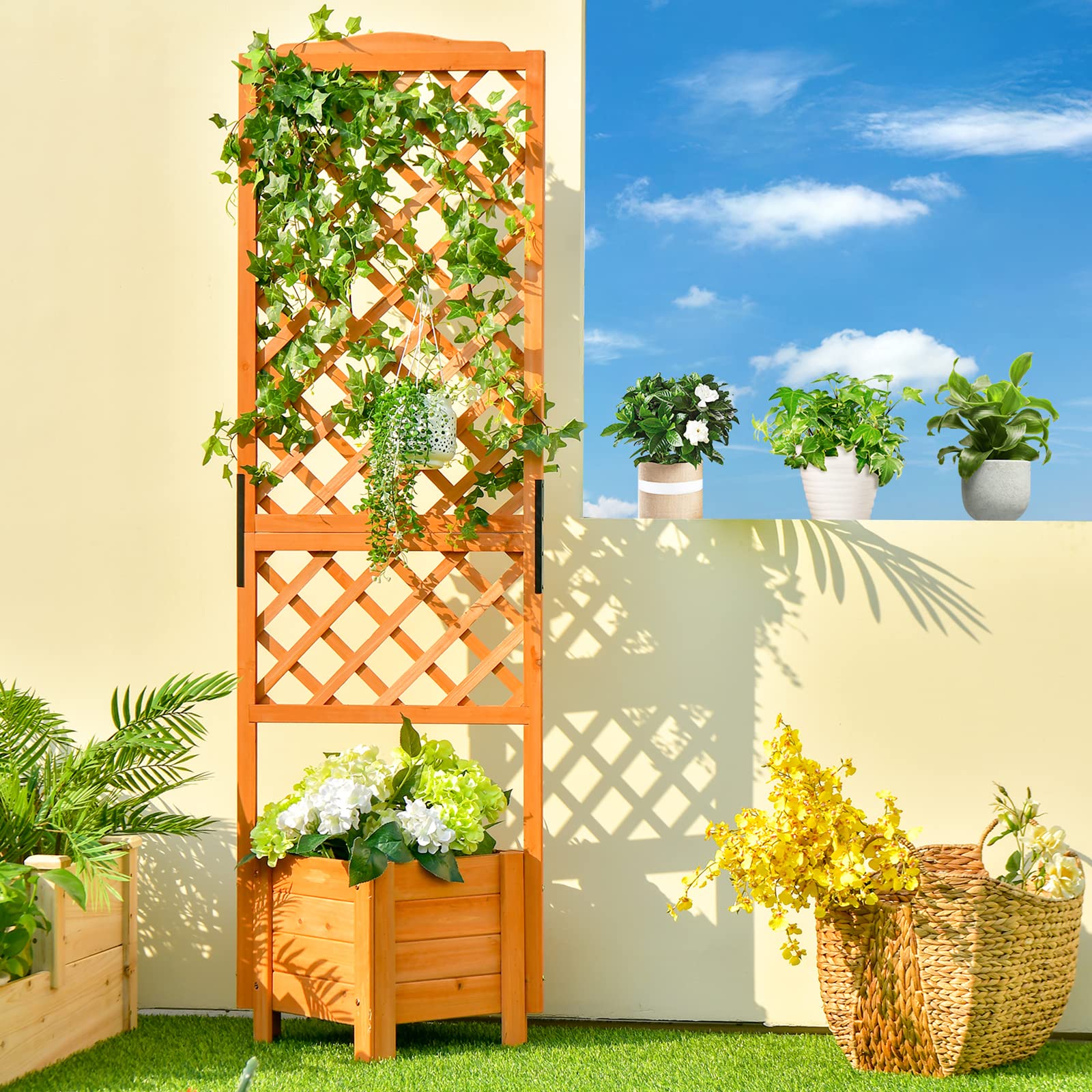 HOMASIS Blumenkasten mit Rankgitter, 180cm Hochbeet aus Holz,  Pflanzenkasten mit Spalier & Drainageloch, Blumenbeet Gartenbeet fr  Kletterpflanzen, Blumenkbel fr Balkon Garten Terrasse, Orange: Amazon.de:  Garten