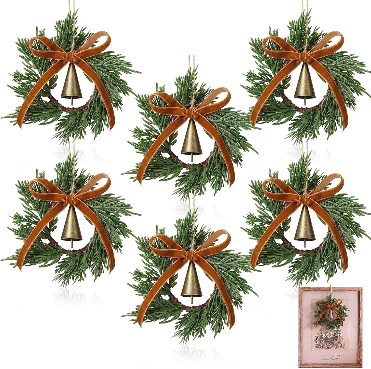 6 Pack Mini Christmas Wreaths Ornaments with Bells and Brown Bows 4 Inch
