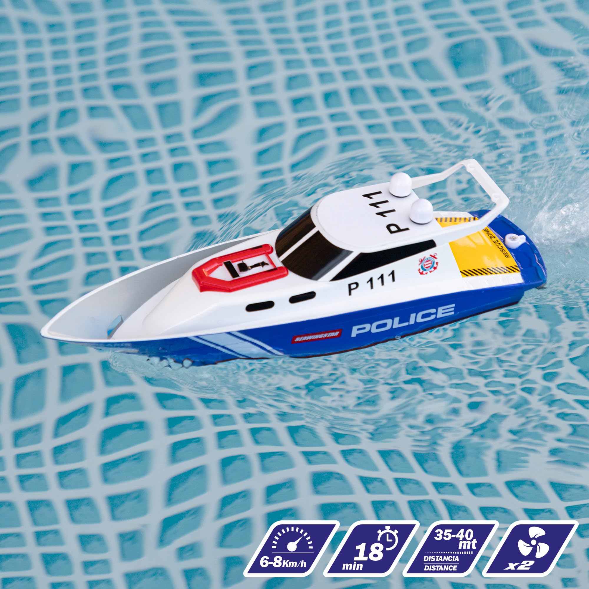 ColorBaby 47674 Racing Boat Lancha radiocontrol policía, 36x10x10 cm, Mando Control Remoto, 6 direcciones, 2.4 GHz, Alcance 35-40 m, Barco RC, Juguetes radiocontrol, Juguetes para niños, +4 años