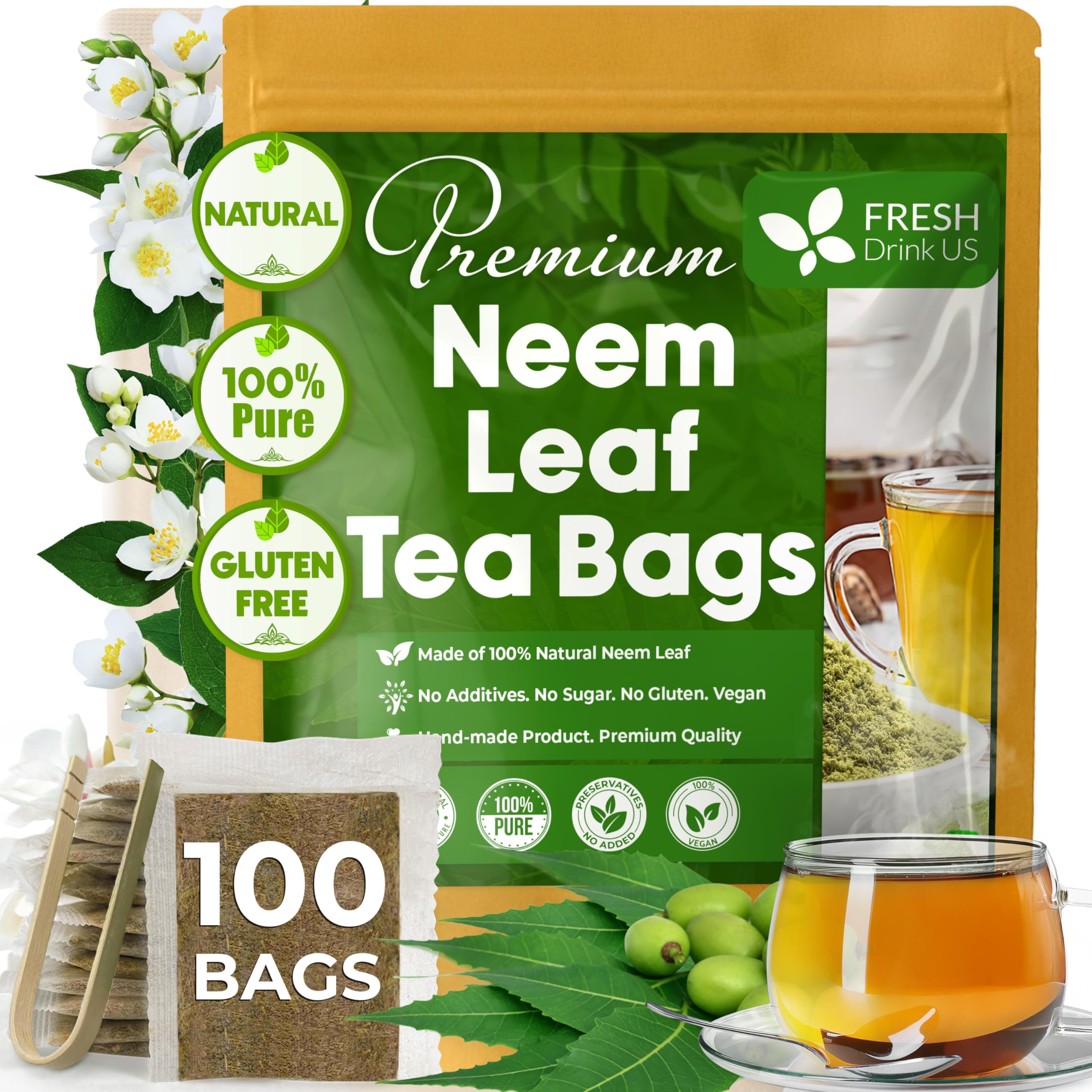 FreshDrinkUS, Premium 100 Neem Leaf Tea Bags, 100% Natural and Pure from Neem Leaves. Herbal Tea. No Sugar, No Caffeine, No Gluten, Vegan.