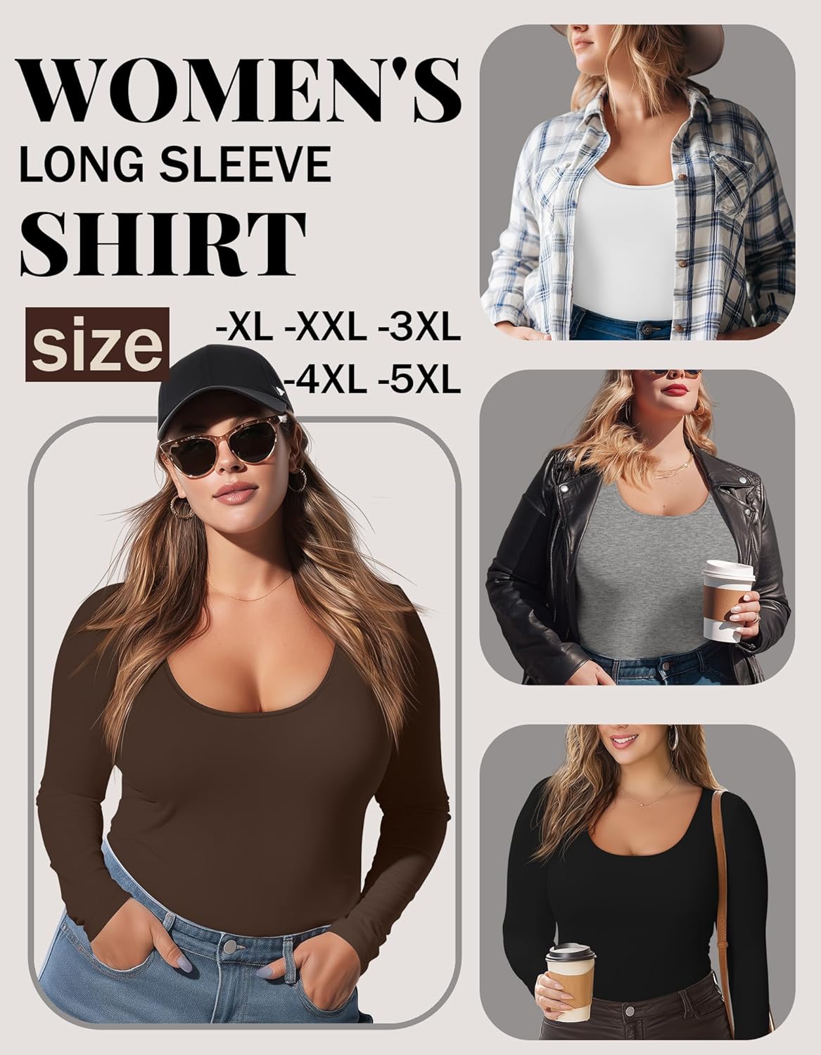 4 Pack Women's Plus Size Long Sleeve T-Shirts Scoop Neck Basic Tees Tops Casual Slim Fit Base Layer Undershirts - Image 3