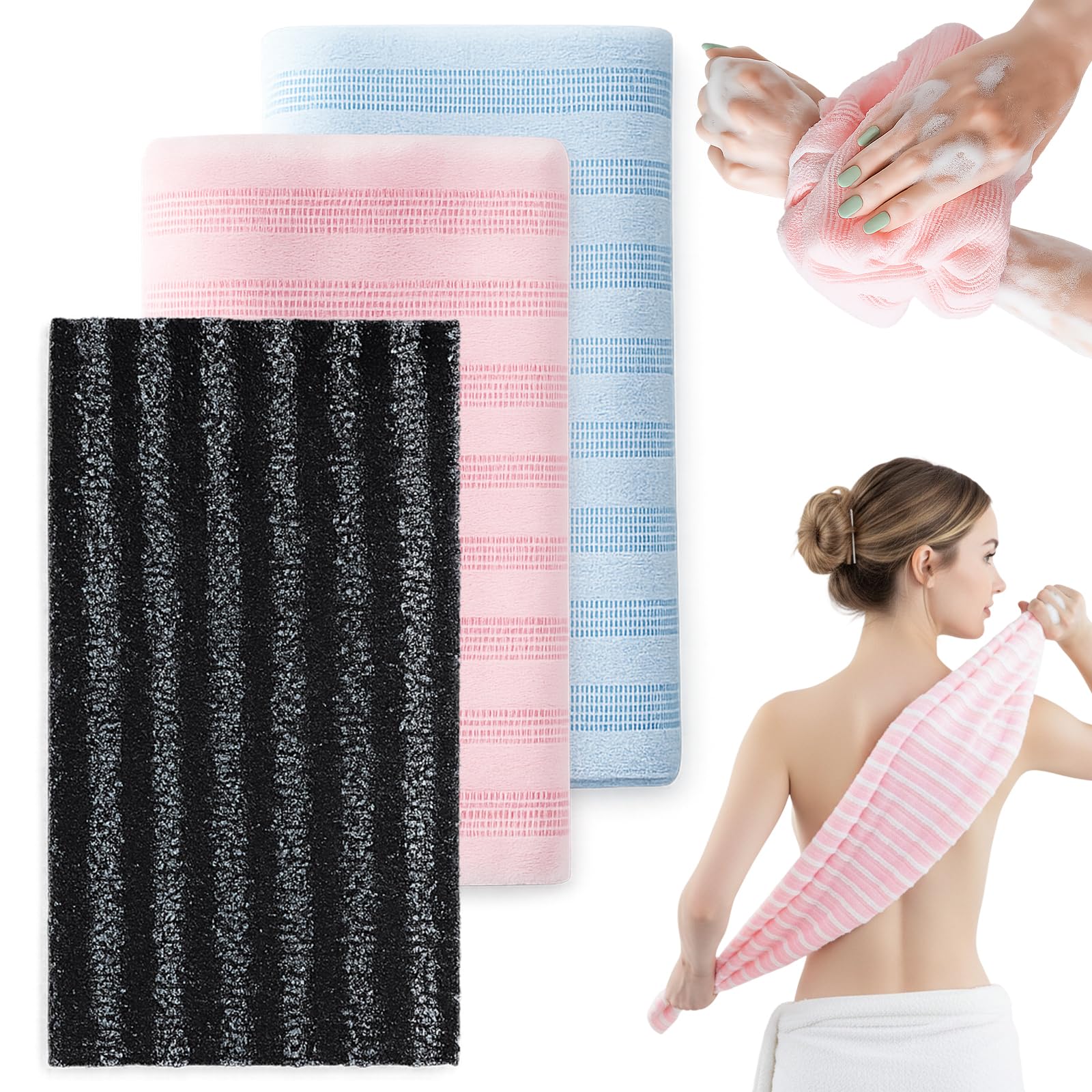 3 PCS Exfoliating Shower Towel Exfoliating Towel for Shower and Body Long Wash Cloths for Skin Travel Friendly